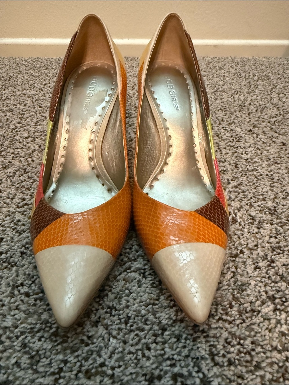 BCBGirls Pointed-Toe Colorblock Pumps in Beige, Orange & Brown
